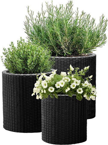 Cylinder Set of 3 Rattan Resin Planter for Indoor and Outdoor Plants Ideal Decorative Planter for Porches and Patio