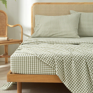 Gingham Queen Sheet Set, 100% Washed Cotton Linen Feel Sage Green Plaid Printed Sheet Sets Lightweight Soft Grid Bed