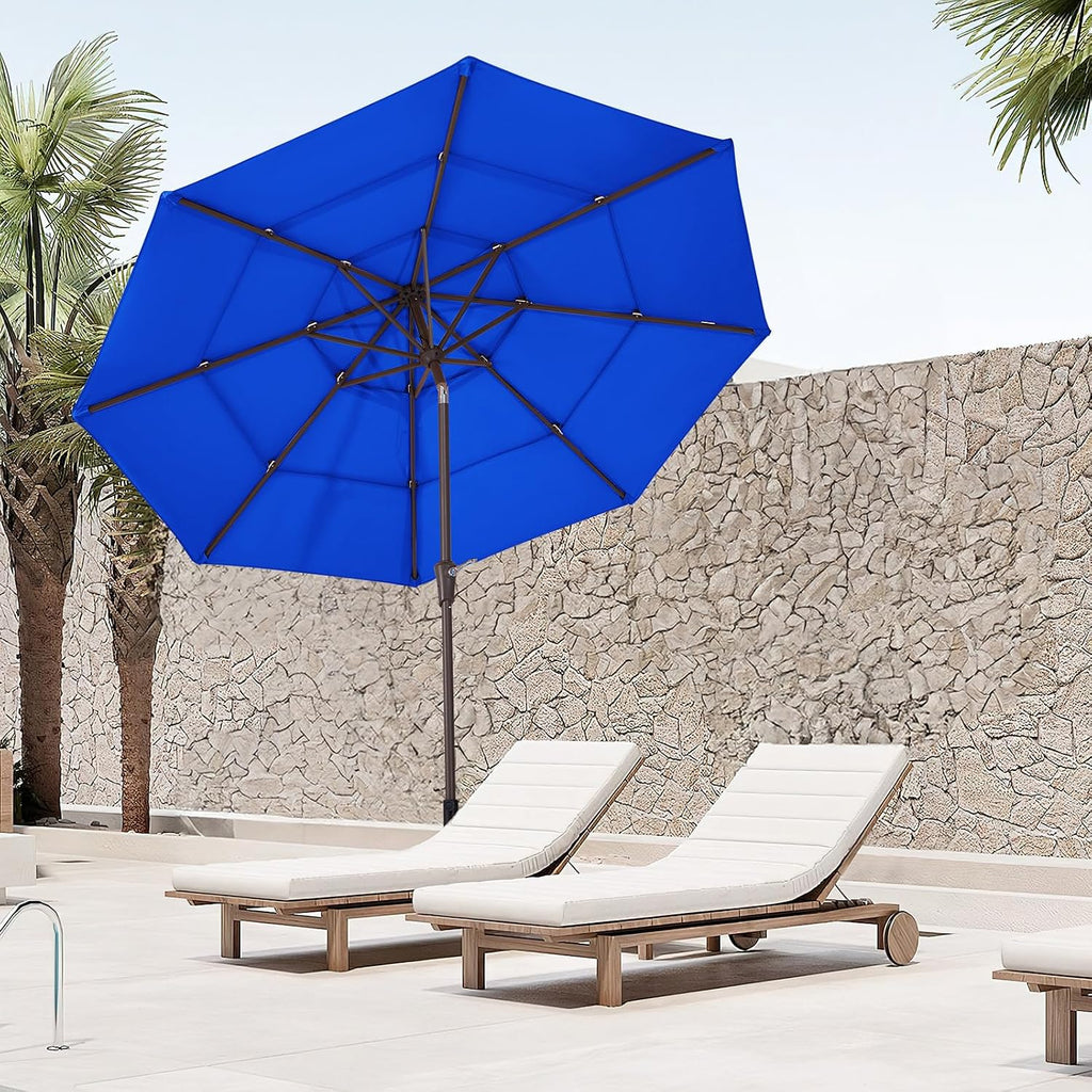 9FT 3 Tier Patio Umbrella Outdoor Market Umbrella Table Umbrellas with 8 Ribs 1.5 Pole Push Button Tilt and Crank UV - R