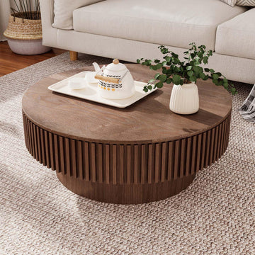Round Coffee Table with Storage, Modern Wooden Coffee Table
