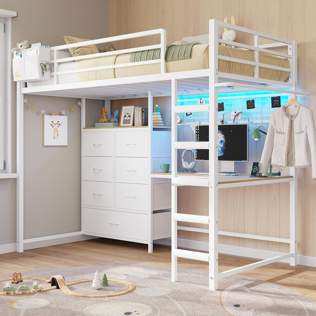 Twin Loft Bed with L-Shaped Desk and 7 Storage Drawers,Metal Twin Loft Bed for Kids with LED Lights and Charging