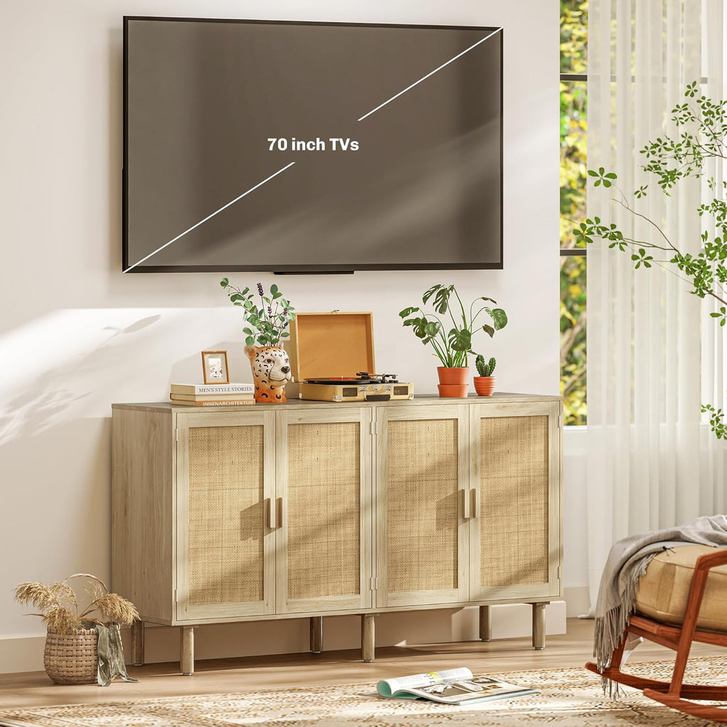 Sideboard Buffet Cabinet, 62" Boho Buffet Table, Rattan Coffee Bar Cabinet with 4 Doors and Shelves for Kitchen