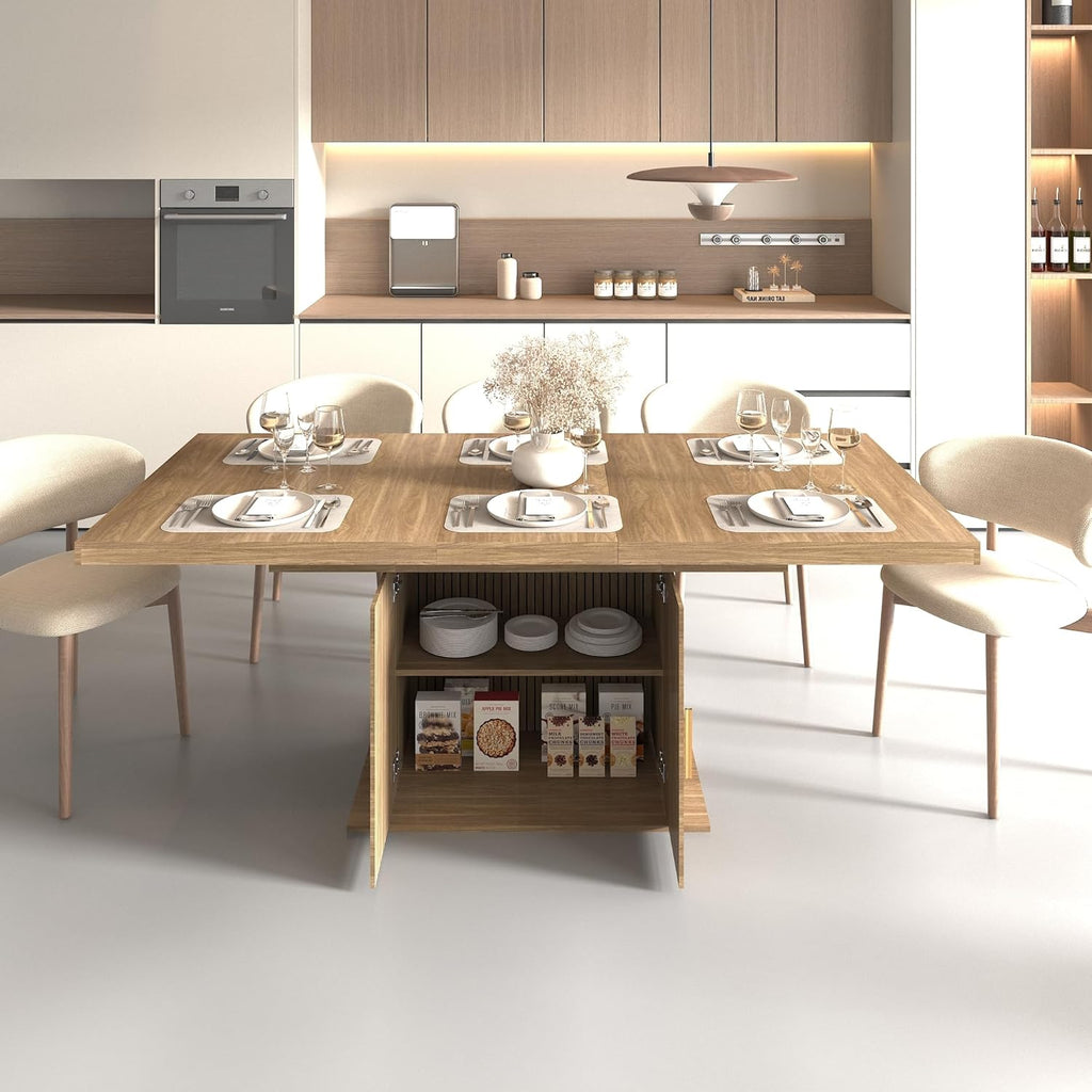 63"-79" Extendable Dining Room Table for 6-10 People, Modern Minimalist Dining Table with 2 Tier Storage, Space