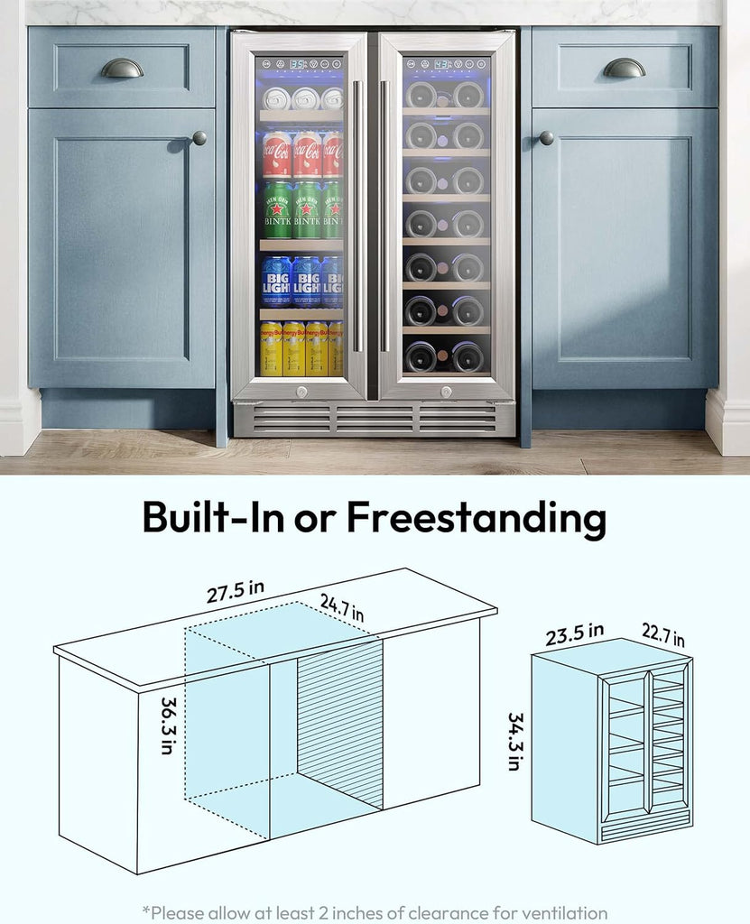 Wine and Beverage Refrigerator, 24 Inch Dual Zone Wine Cooler with Glass Door Ho