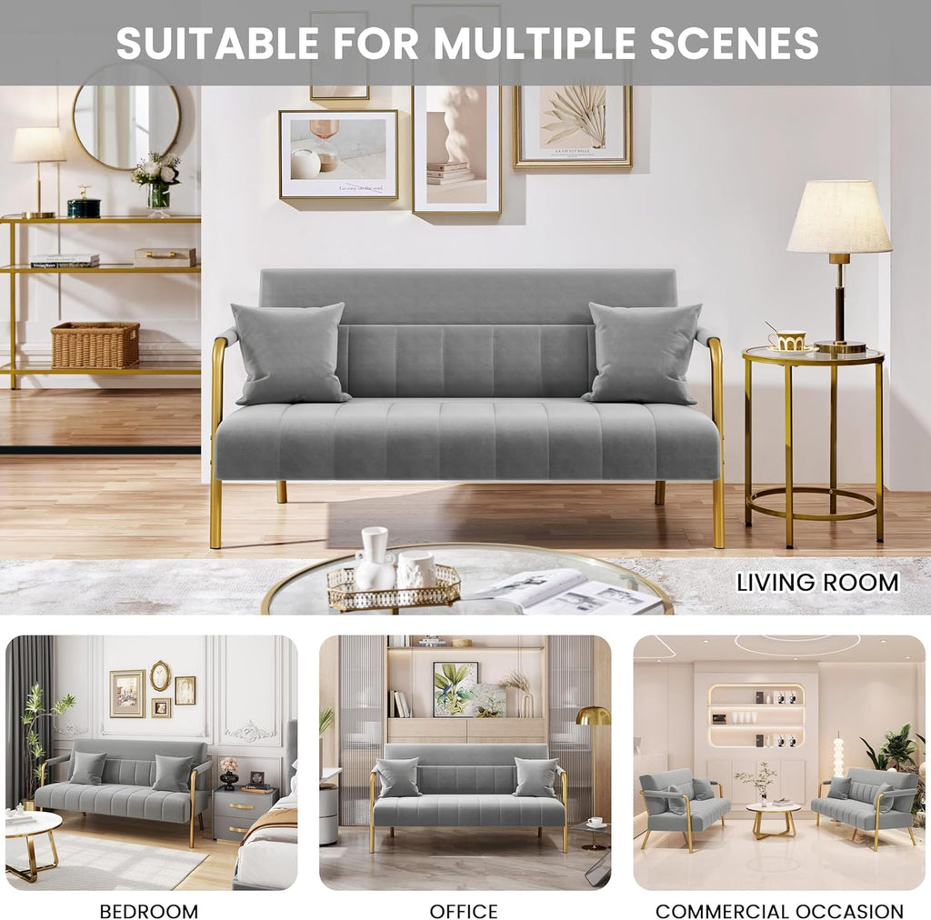 56.5" W Modern Sofa Small Sofa Luxurious Velvet Fabric Couch with Gold-Tone Metal Arms and Legs for Living Room