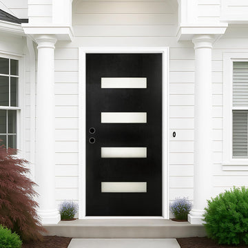 Fiberglass Entry Door 36x80'', French Exterior Door Right Hand Inswing Black Finished Frosted Glass Knock-Down Door