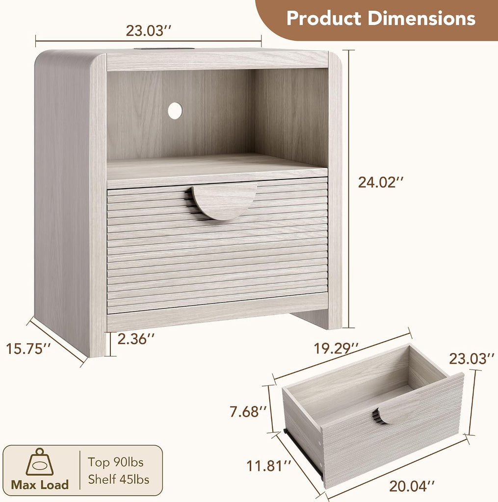 Fluted Nightstands Set of 2 with Charging Station, 23" Wide Wood Bedside Tables with Drawer and Open Compartment, Mid