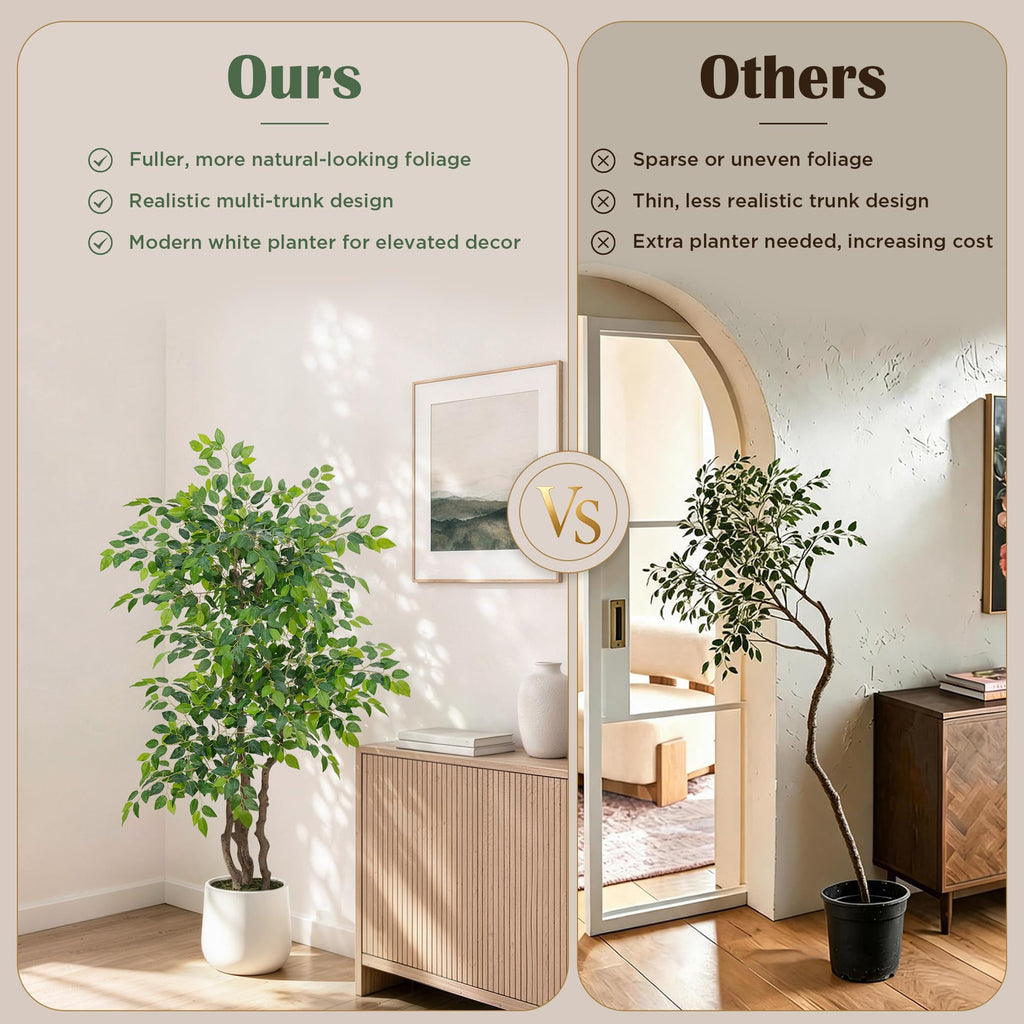 Ficus Tree Artificial 5 Ft with White Planter, Triple Natural Trunks, Dense Layered Foliage, 60" Tall Artificial Ficus