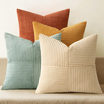 Fall Teal-Orange Decorative Throw Pillow Covers 20x20 Inch Set of 4 Boho Corduroy Striped Cushion Cases Modern