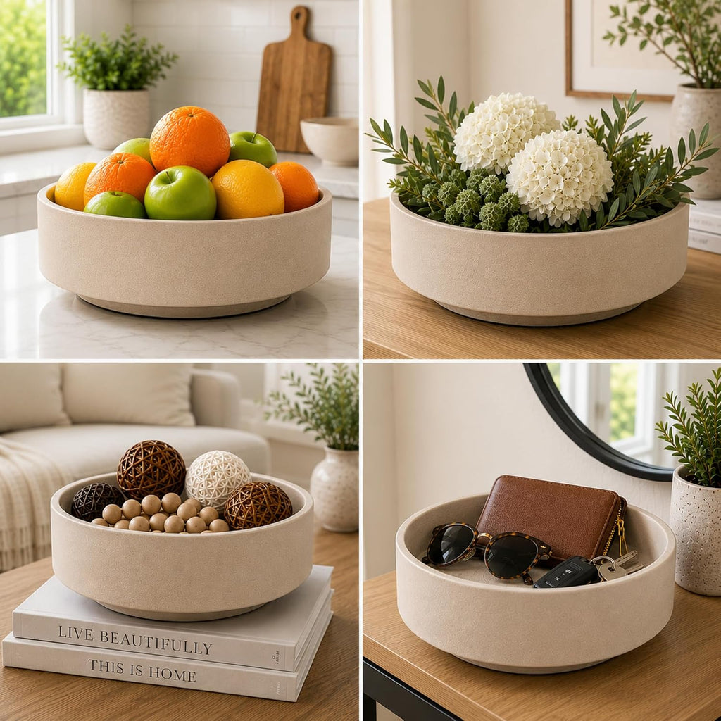 Large Fruit Bowl Counter, Modern Resin Pedestal Centerpiece, Stone-Look Matte Finish in Natural Sandstone, Decorative