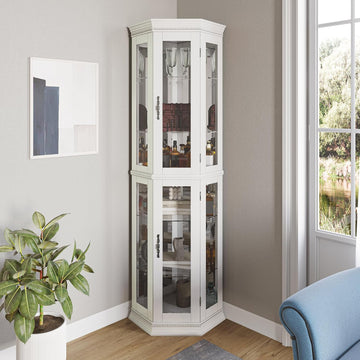 Lighted 3-Side Glass Display Curio Cabinet w/Tempered Glass Doors & Shelves, Accent Wooden Corner Cabinet with Bulb