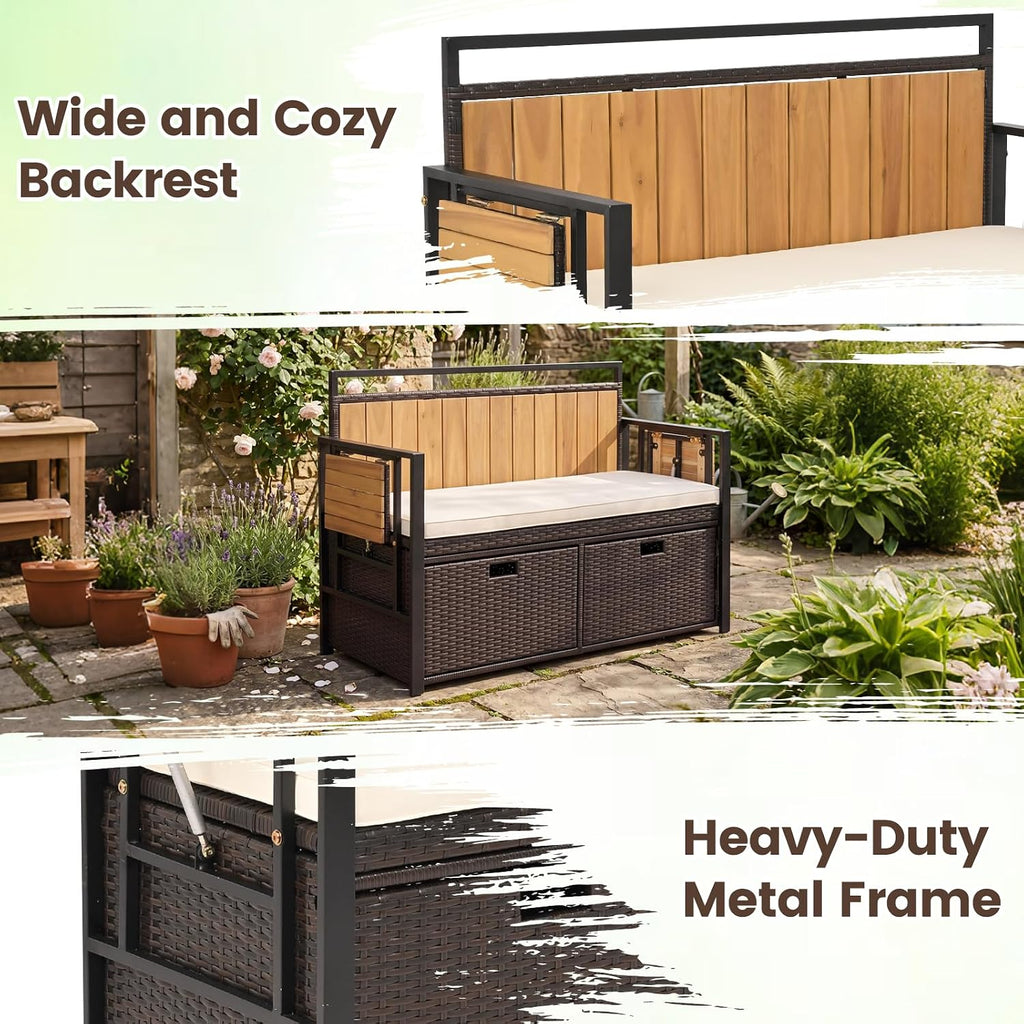 Outdoor Storage Bench, Outside Cushioned Loveseat Seating with Acacia Wood Backrest, 2 Folding Side Tables & 2 Doors