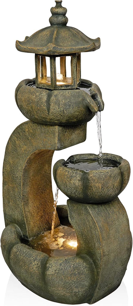 32" Tall 2-Layer Pagoda Polystone Fountain with LED Lights, Cascading Waterfall, Outdoor Garden and Patio Water