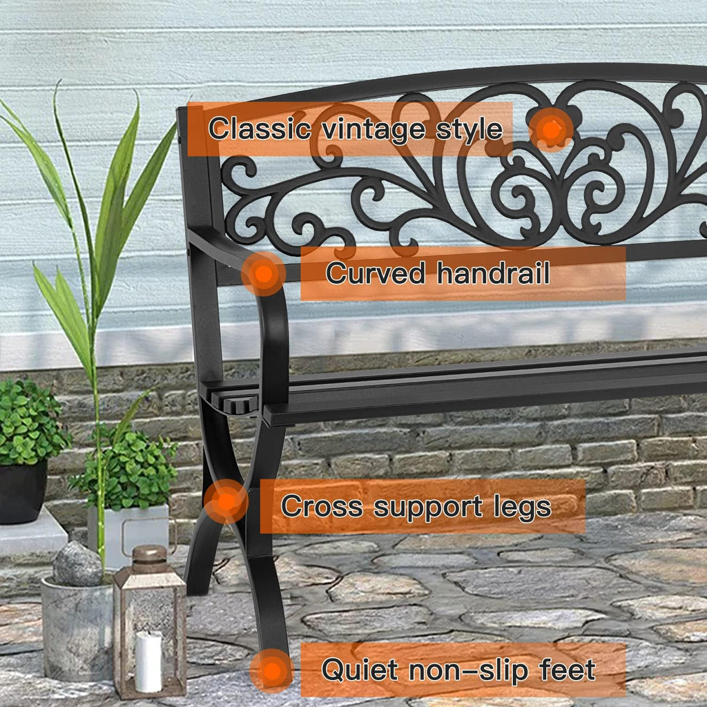Garden Bench 50 inch Outdoor Metal Loveseat Chairs with Armrests Slatted Seat and w/Floral Design Backrest for Park