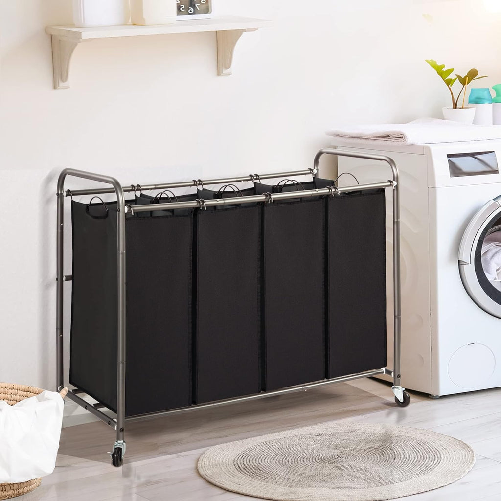 Laundry Sorter 4 Section, 4 Bag Clothes Hamper, Rolling Laundry Cart Basket with Heavy Duty Lockable Wheels and