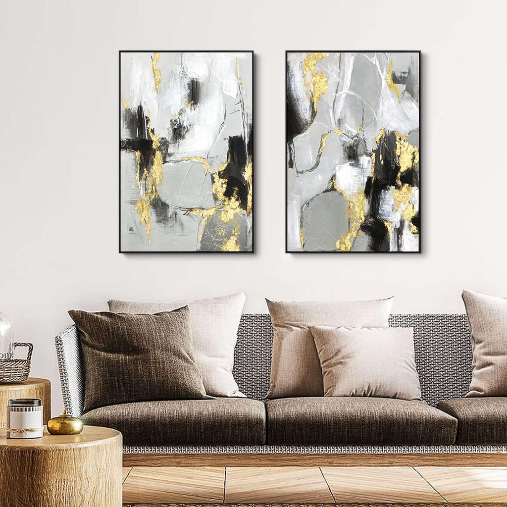 Black and Gold Abstract Wall -Art Decor- 2 Pack Black and White Canvas Wall Decor with Gold Foil