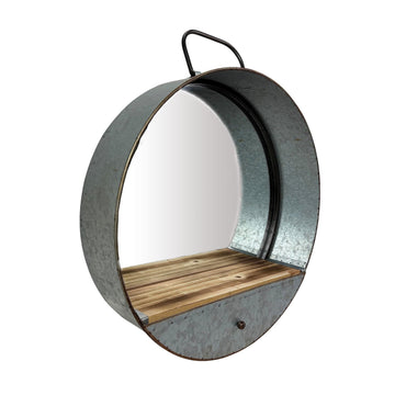 Round Wall Mirror, 20.5 Inch Galvanized Metal Tub Frame with Drawer