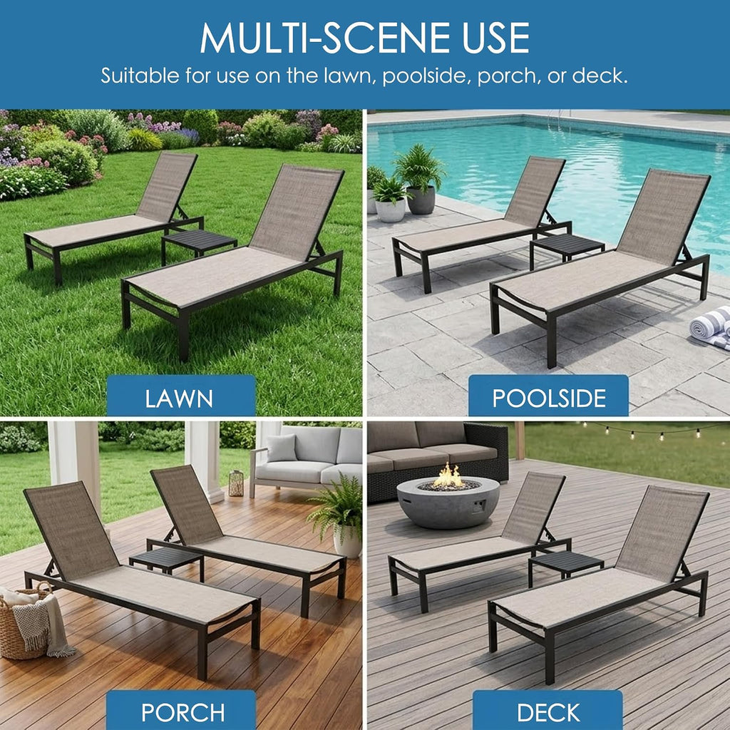 Outdoor Chaise Lounge, Powder-Coated Aluminum Frame | Textilene Fabric, Adjustable Reclining Patio Lounger (Beige)