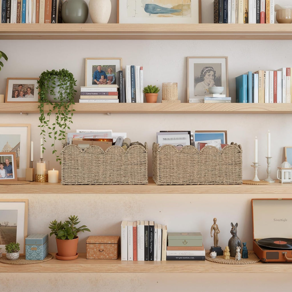 Scalloped Seagrass Baskets, Hand-woven Rattan Baskets with Built-in Handles, Cute Baby Basket , Basket for Organizing