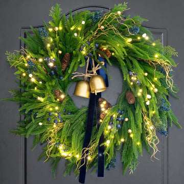 24 Inch Pre-Lit Norfolk Pine Christmas Wreath for Front Door, Artificial Plants Green Christmas Wreath with Lights
