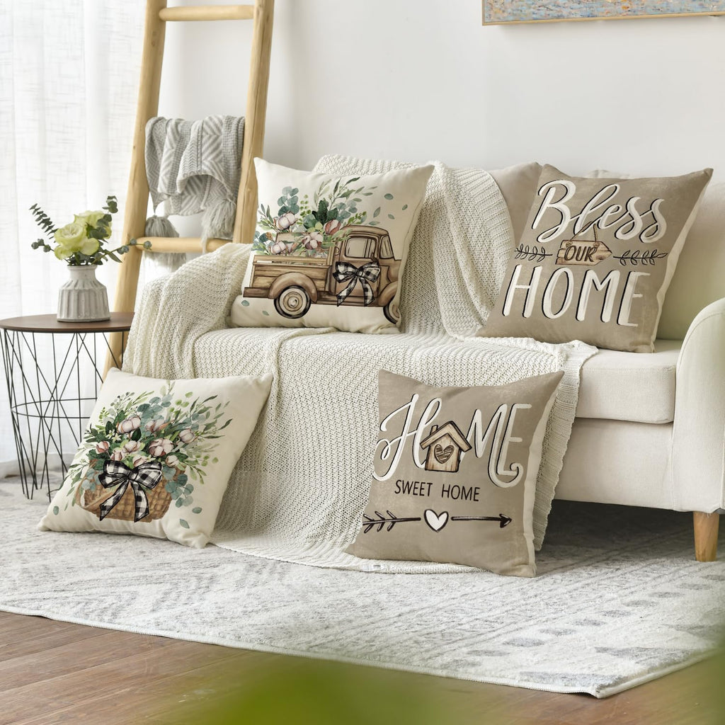 Bless Our Home Farmhouse Eucalyptus Leaves Throw Pillow Covers, 18 x 18 Inch Truck Home Sweet Home Cushion Case