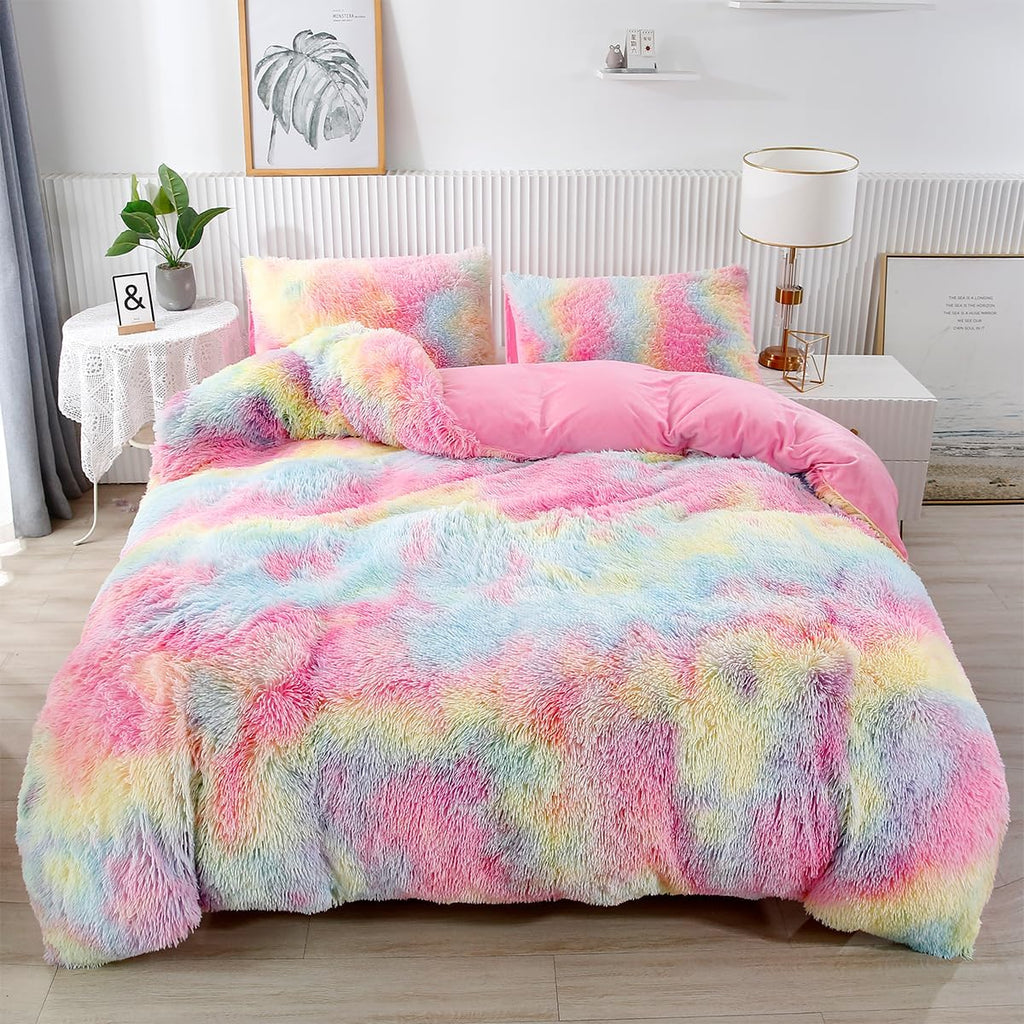 Pink Plush Shaggy Bedding Sets 3 Piece Fluffy Faux Fur Girls Comforter Set Soft Tie Dye Velvet Furry Rainbow