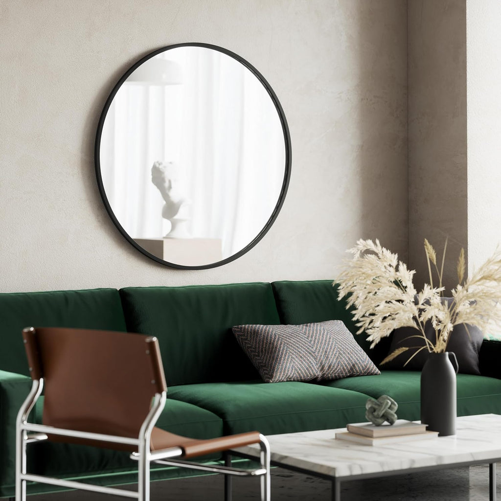 Hub Round Wall Mirror with Rubber Frame, Modern Style and More, 37-Inch, Black