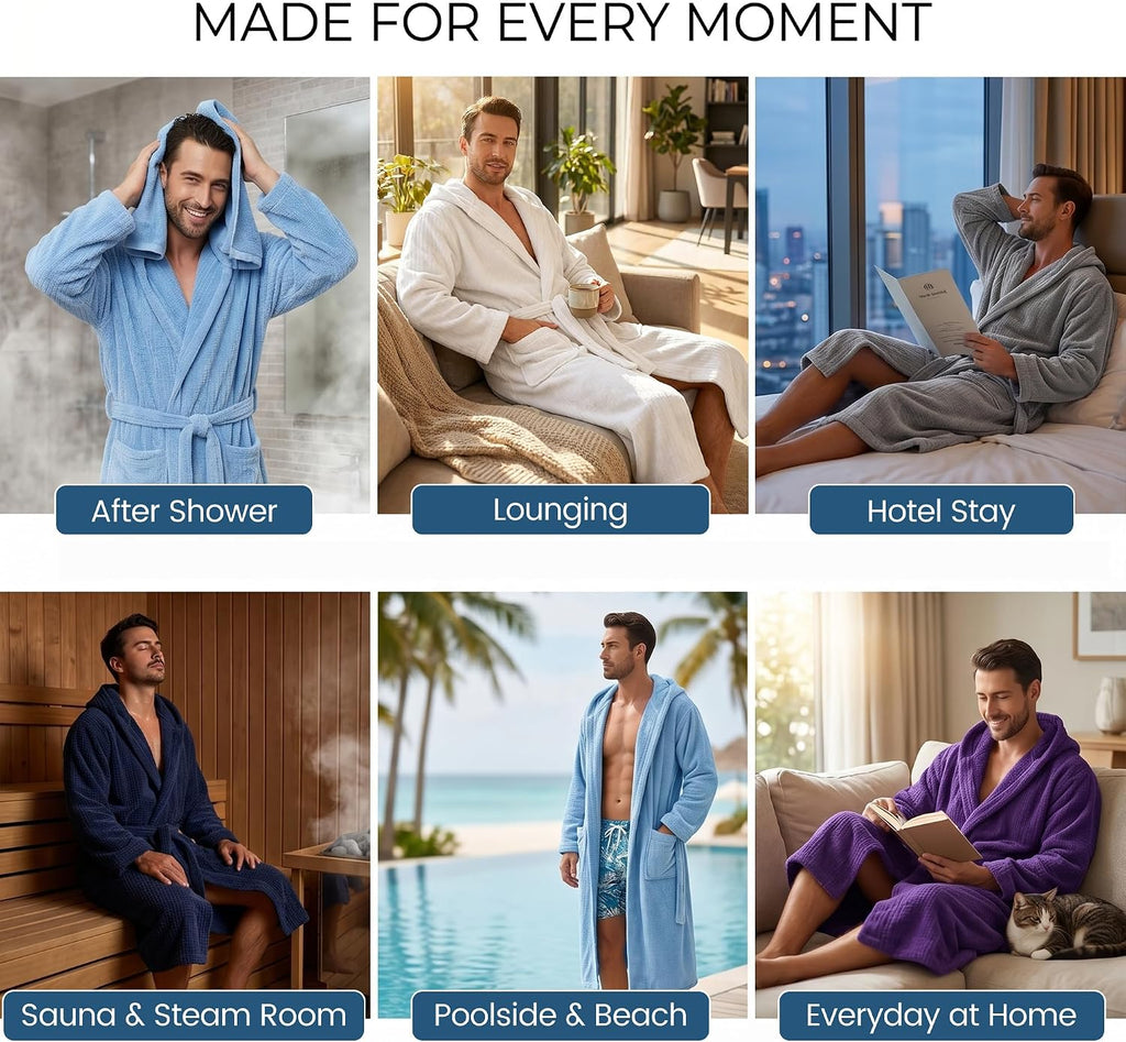 Men's Bathrobes with Hood, Soft Long Towel Robe for Men - Super Absorbent Quick Dry yet Warm