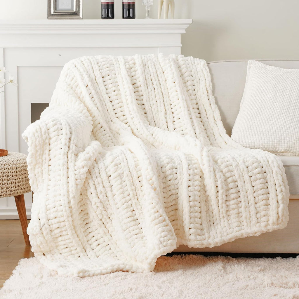 Chunky Knit Throw Blanket, Hand Made Chenille Throw Blanket, Super Soft Warm Cozy Cream White Blanket, 50"x60"