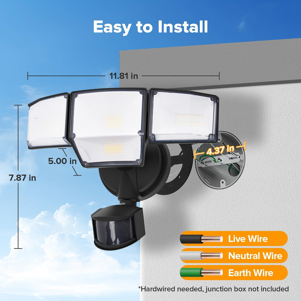 80W 9000LM LED Security Light Hardwire Motion Sensor Outdoor Lights, 4 Head LED Flood Lights Outdoor 5000K Daylight