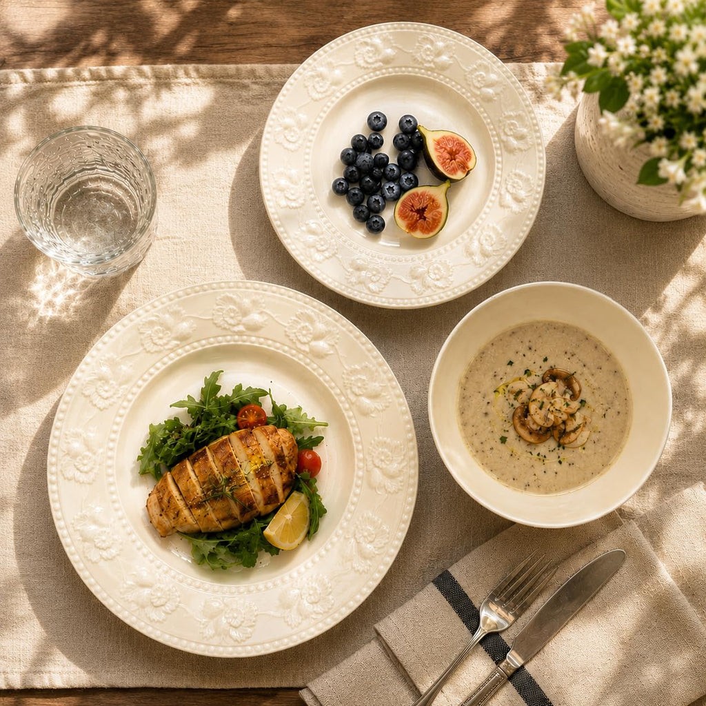 Dinnerware Set for 4, 12 Piece Embossed Porcelain Dinnerware Set, Cream Plates and Bowls Set for Everyday Dining