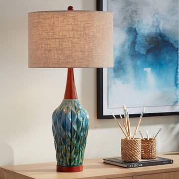 Rocco Mid Century Modern Table Lamp 30" Tall Ceramic Blue Teal Glaze Wood Handmade Linen Drum Shade Cottage Core Decor