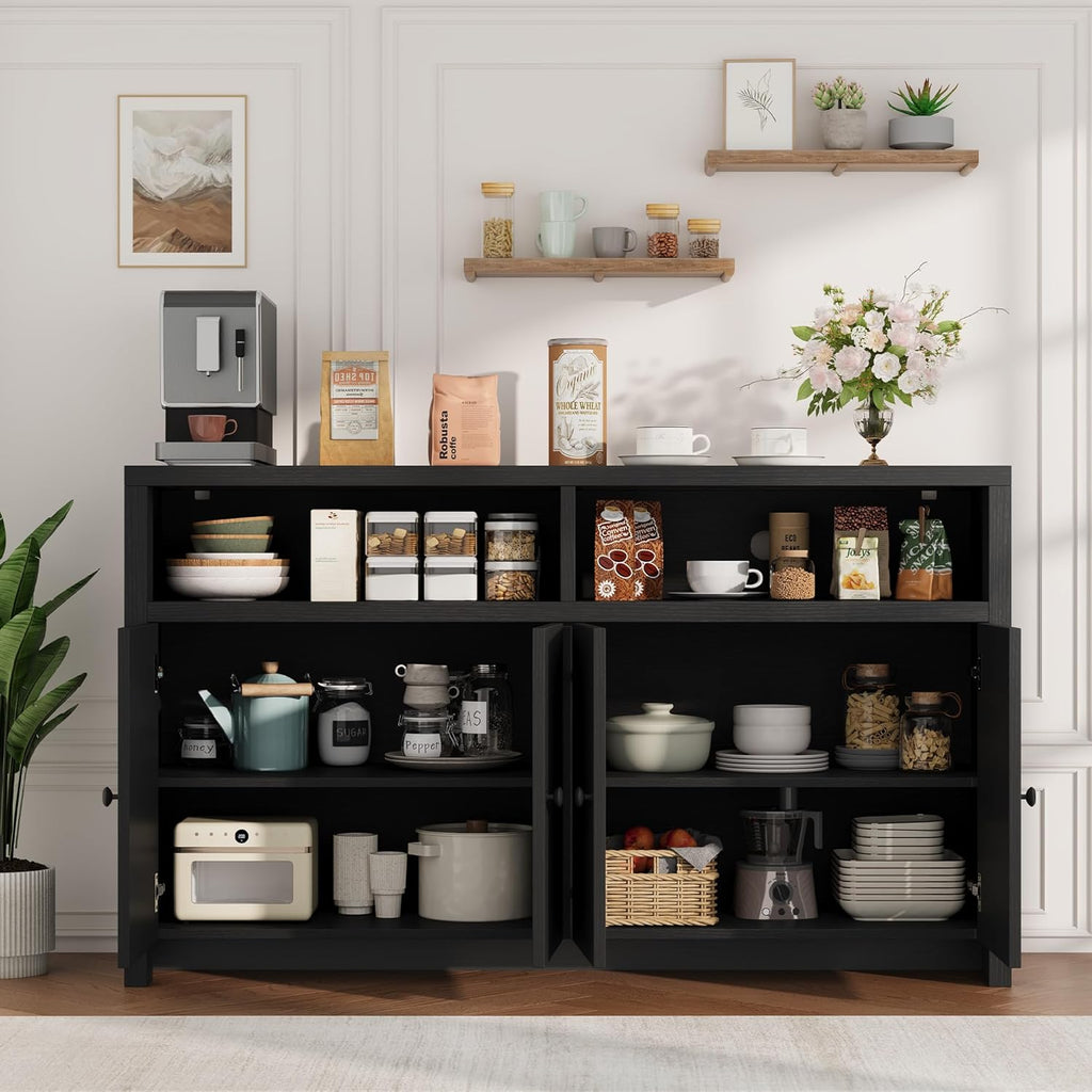 Buffet Sideboard Cabinet with Storage, 55" Large Farmhouse Kitchen Storage Cabinet with 4 Doors & Adjustable Shelves