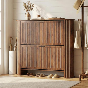Narrow Shoe Storage Cabinet , Slim Fluted Shoe Cabinet with 2 Flip Drawers, Wood Hidden Shoe Rack Organizer for Entry