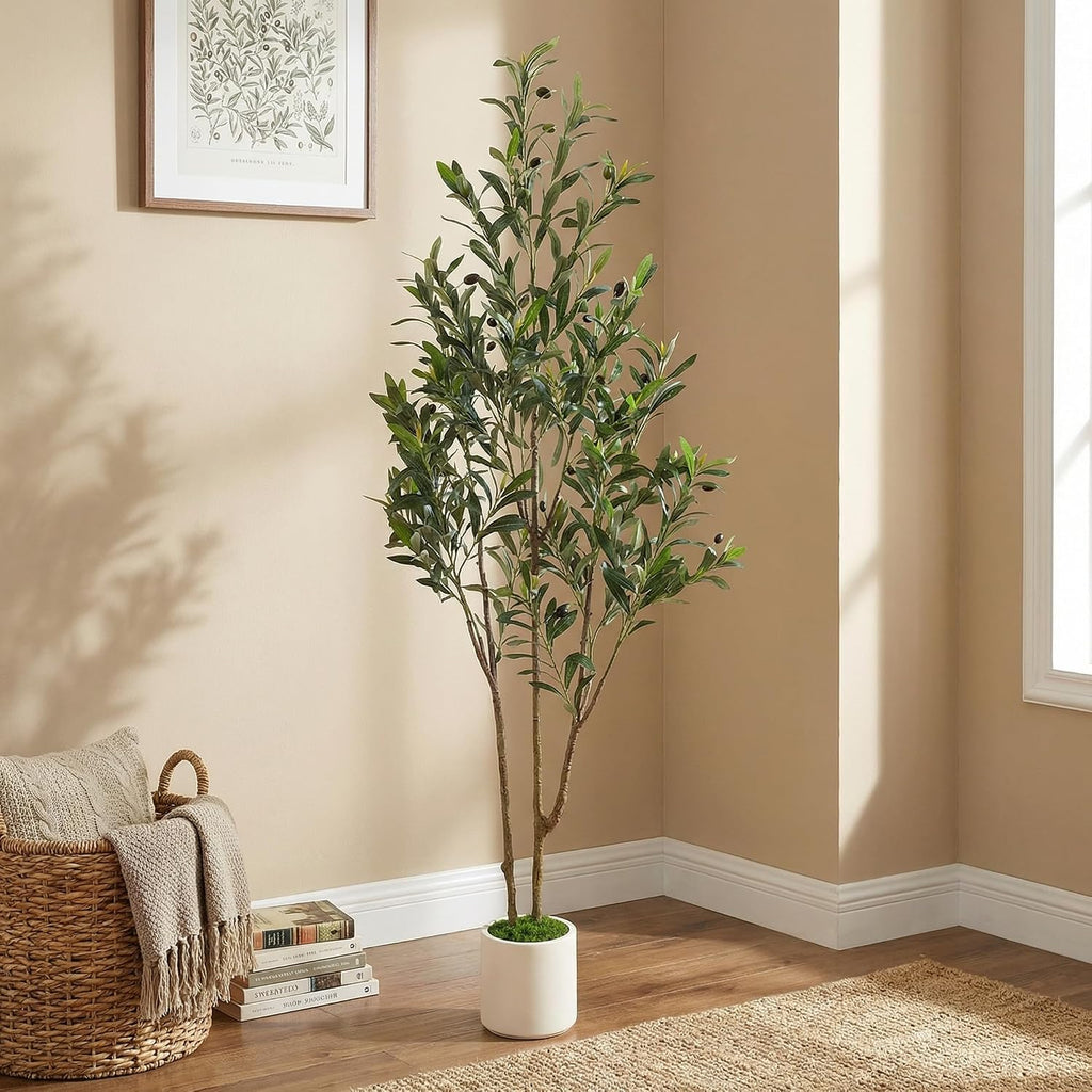 5ft Olive Trees Artificial Indoor & Outdoor, Faux Olive Tree with Lively Artificial Trunk and Lifelike Fruits, Fake