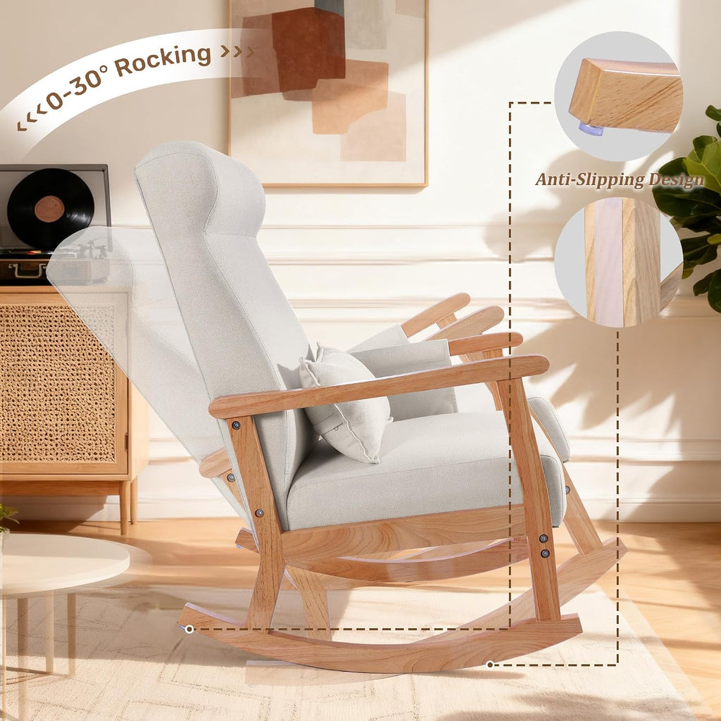 Rocking Chair Indoor with Ottoman, Lumbar Pillow & Side Pocket | Upholstered, High Back, Solid Wood Frame, with