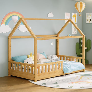 Twin Size House Bed for Kids with Guardrails, Natural Wood | 100% Solid Wood Construction, Removable Rails, Full