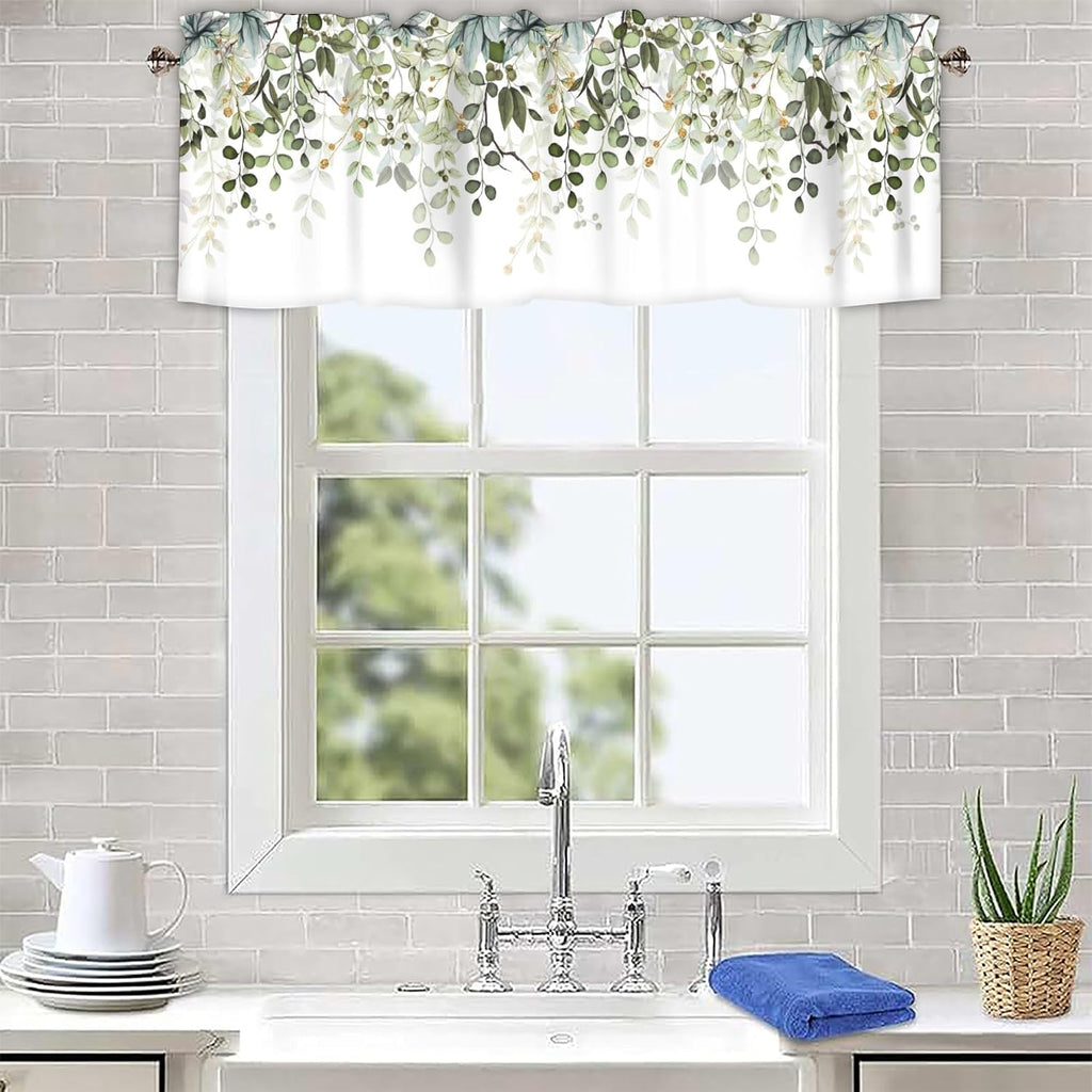 Sage Green Eucalyptus Leaves Curtain Valance for Windows Watercolor Window Treatments 1 Panel Short Curtains