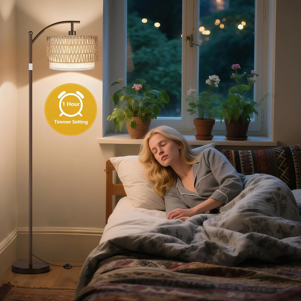 Arc Floor Lamps, Boho Farmhouse Floor Lamp with Remote & Dimmable Bulb, Standing Lamp with Rattan & Fabric Shades