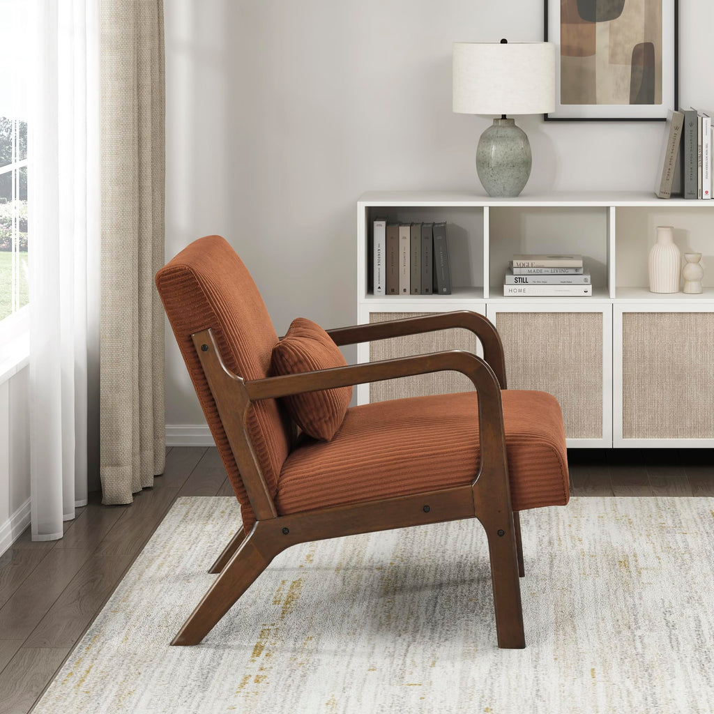 Mid Century Modern Accent Chair-with Solid Wood Armrests and Legs, 1 Lumbar Pillow, Cushioned Seat and Backrest