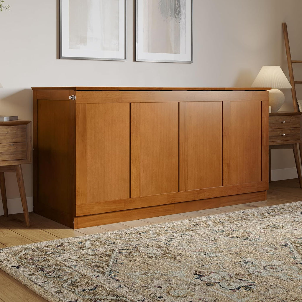 Queen Murphy Bed Chest with 6-Inch Folding Mattress, Light Toffee