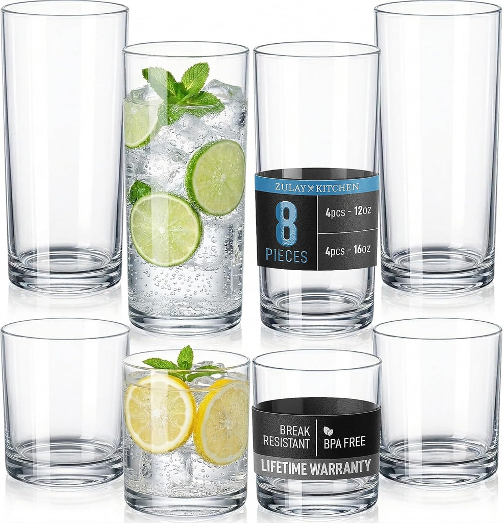 Plastic Drinking Glasses (Set of 8) - Mixed 16oz & 12oz Acrylic Shatterproof Cups & Outdoors - Glass Look - BPA &
