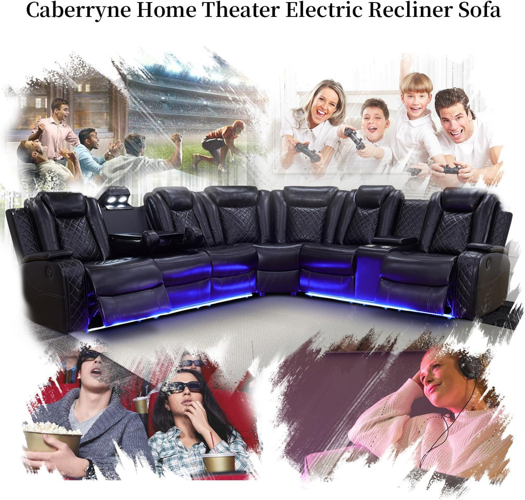 Power Recliner Sofa Sectional Couch with LED Light for Living Room,Leather Reclining Corner Sectional Sofa with 2