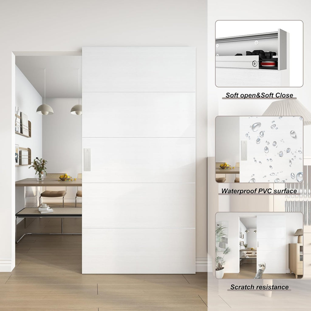 42"x84" Concealed Sliding Barn Door with Horizontal Groove and Soft Close Hardware Kit, White Flush 
