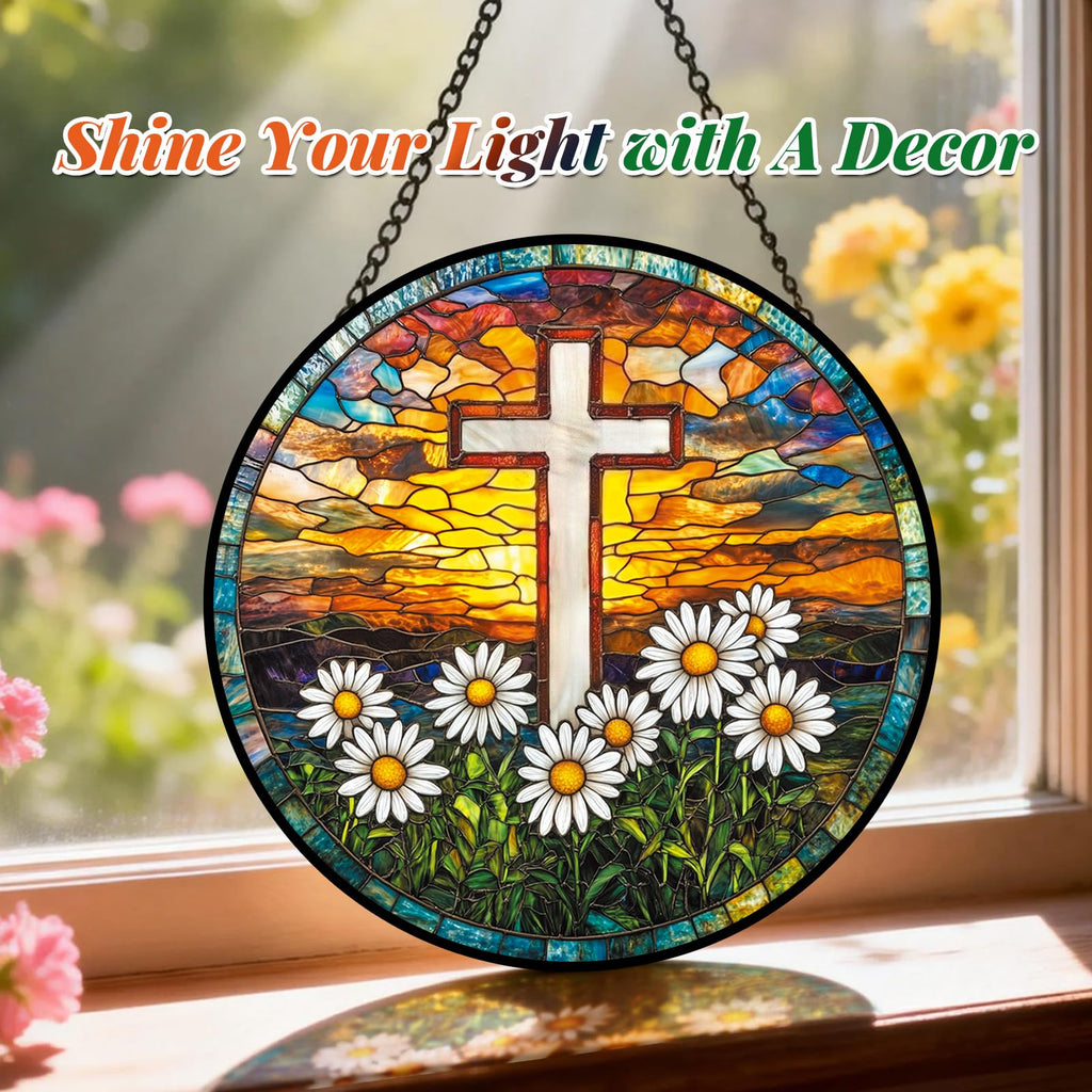 Cross Stained Glass Christian Window Hanging Religious Gift
