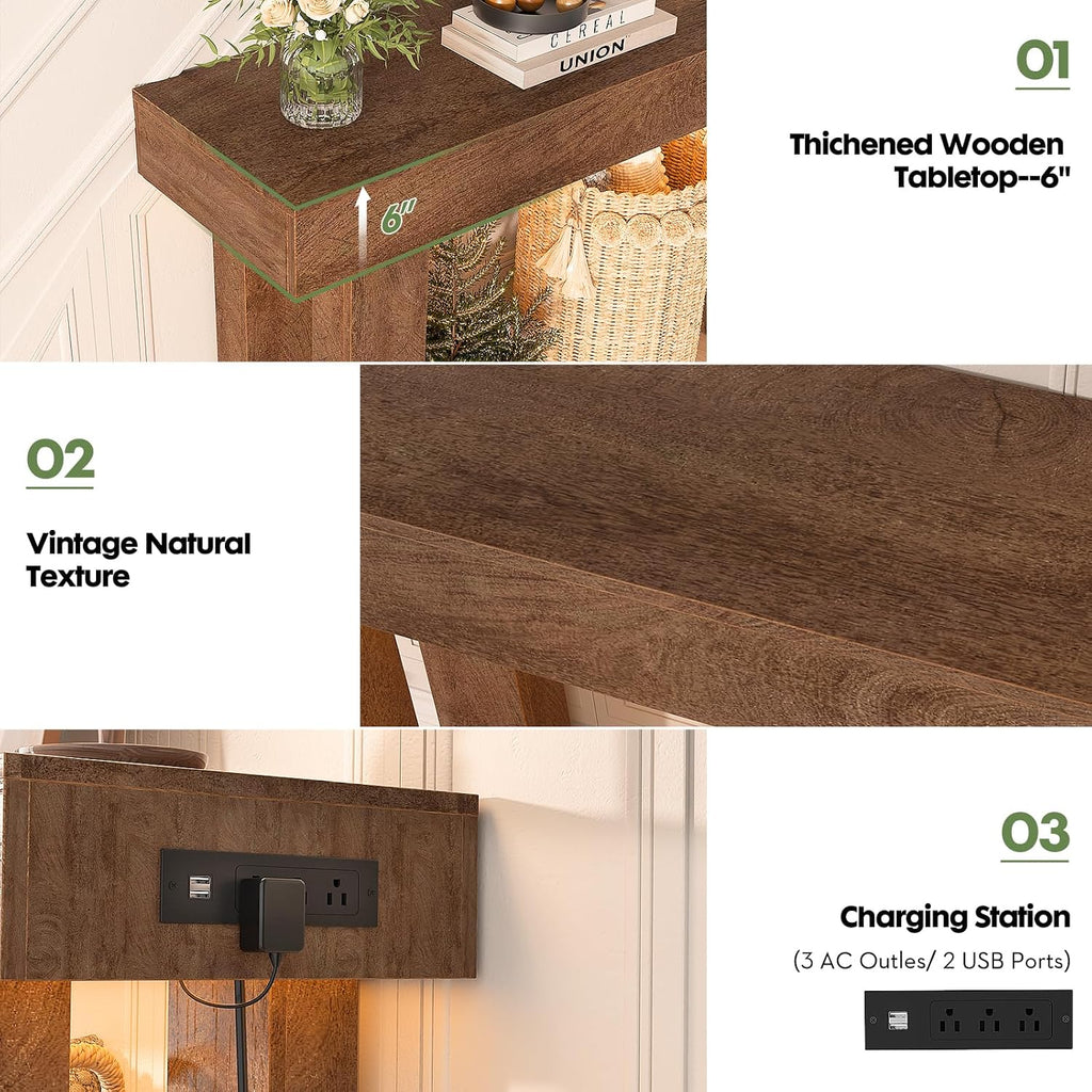 47" Entryway Table with Socket and Sensor Light, Narrow Console Table with Storage Behind Couch, Farmhouse Entry Way