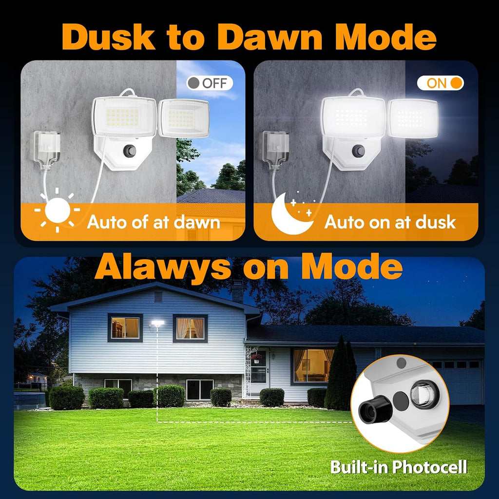 32W 3200LM Dusk to Dawn Outdoor Lighting,6500K Dual Heads Plug in Flood Light,White Outdoor Lighting,IP66 Waterproof