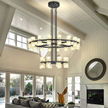 Inspired Arcachon Style 2-Tier Round Wagon Wheel Chandelier, 16" + 32" 48-Light Black — Foyer, Great Room & Dining