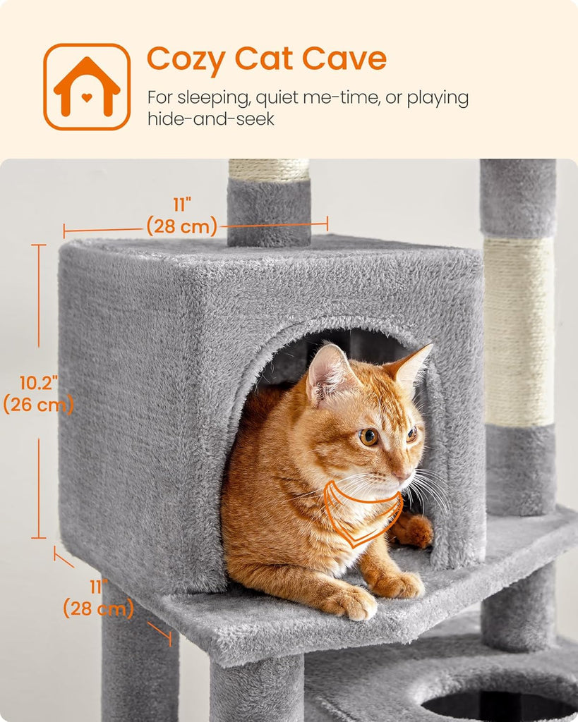 Cat Tree, 59.5-Inch Tall Cat Tower, Plush Multi-Level Condo with 5 Scratching Posts, 2 Perches, 2 Caves, Hammock
