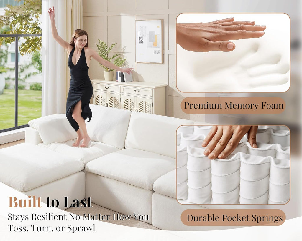 120" Cloud Modular Sectional Sofa, No-Assembly Oversized Chenille Couch with 76.4" Extra-Deep Chaise, Modern White